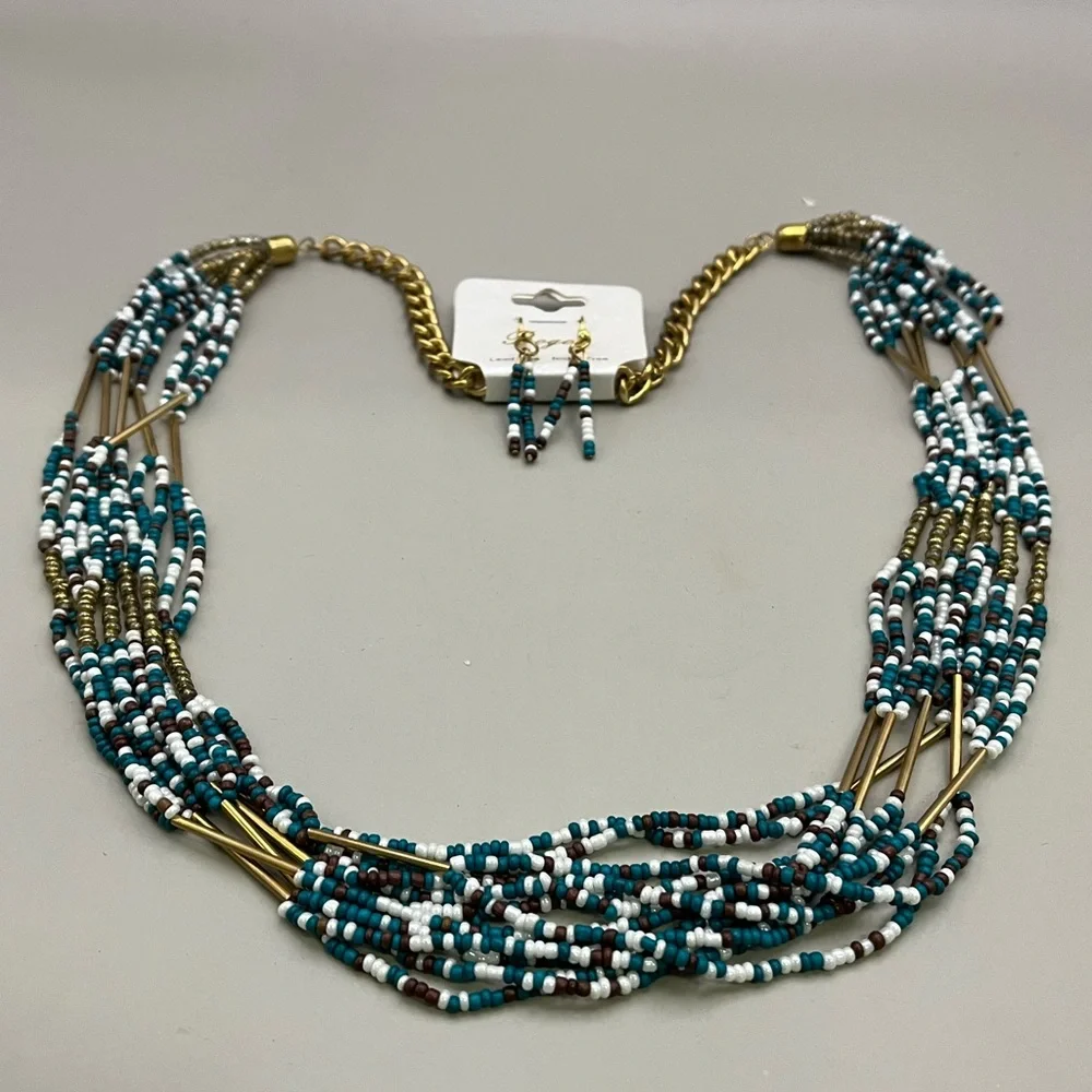 Blue and White and Burgundy Multi-Strand Necklace with Layered Design